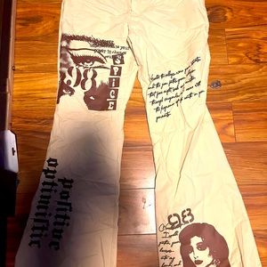 Eye & Slogan & Figure Print Flare Leg Pants